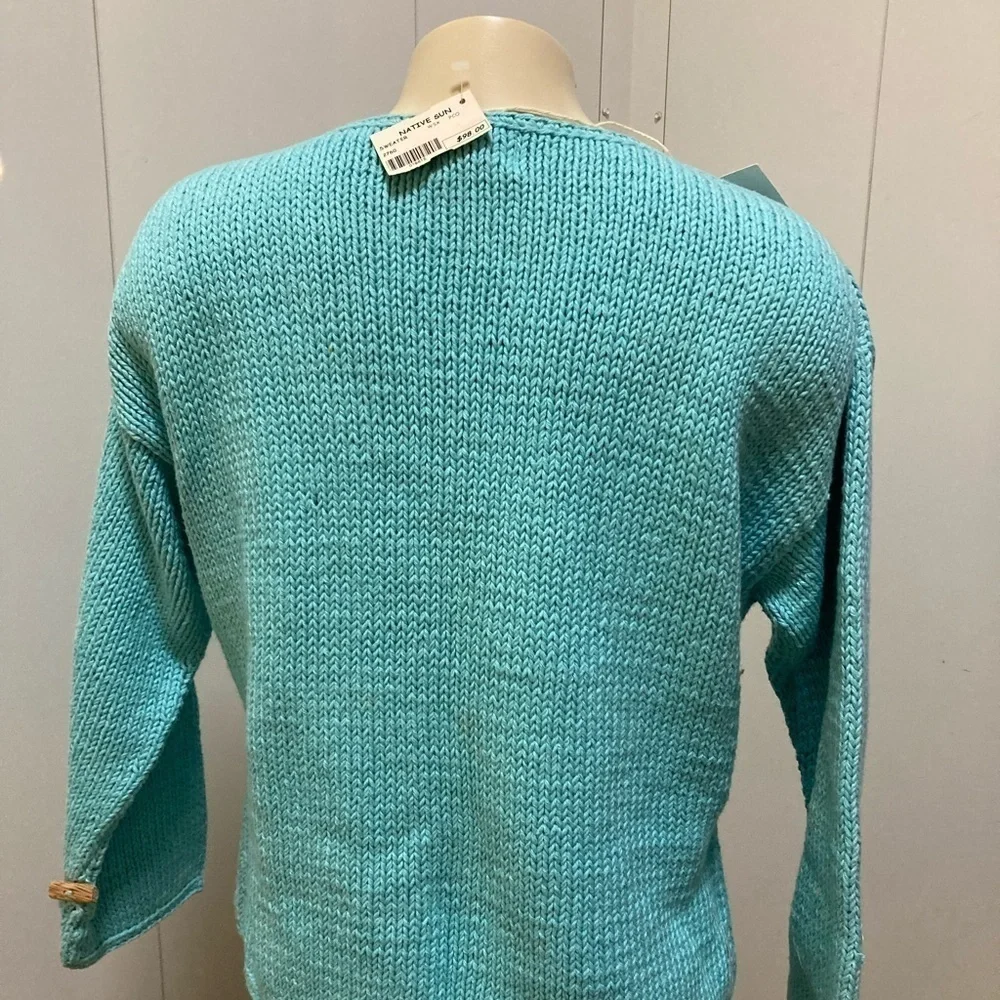 PURE HANDKNIT turquoise w/front wooden buttons 100%cotton cardigan  MED NWT